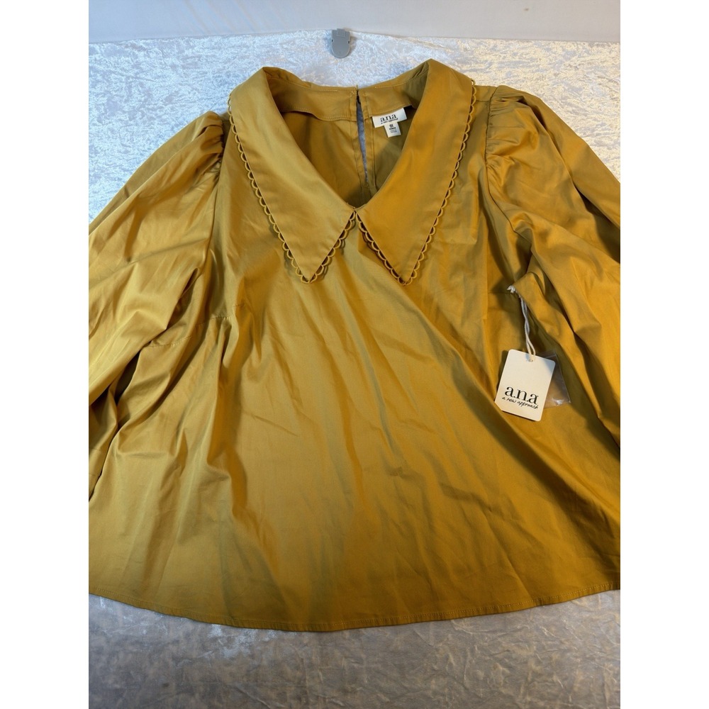a.n.a. Blouse Women 0X Mustard Gold Oversized Collar Puff Sleeve Cottagecore NWT